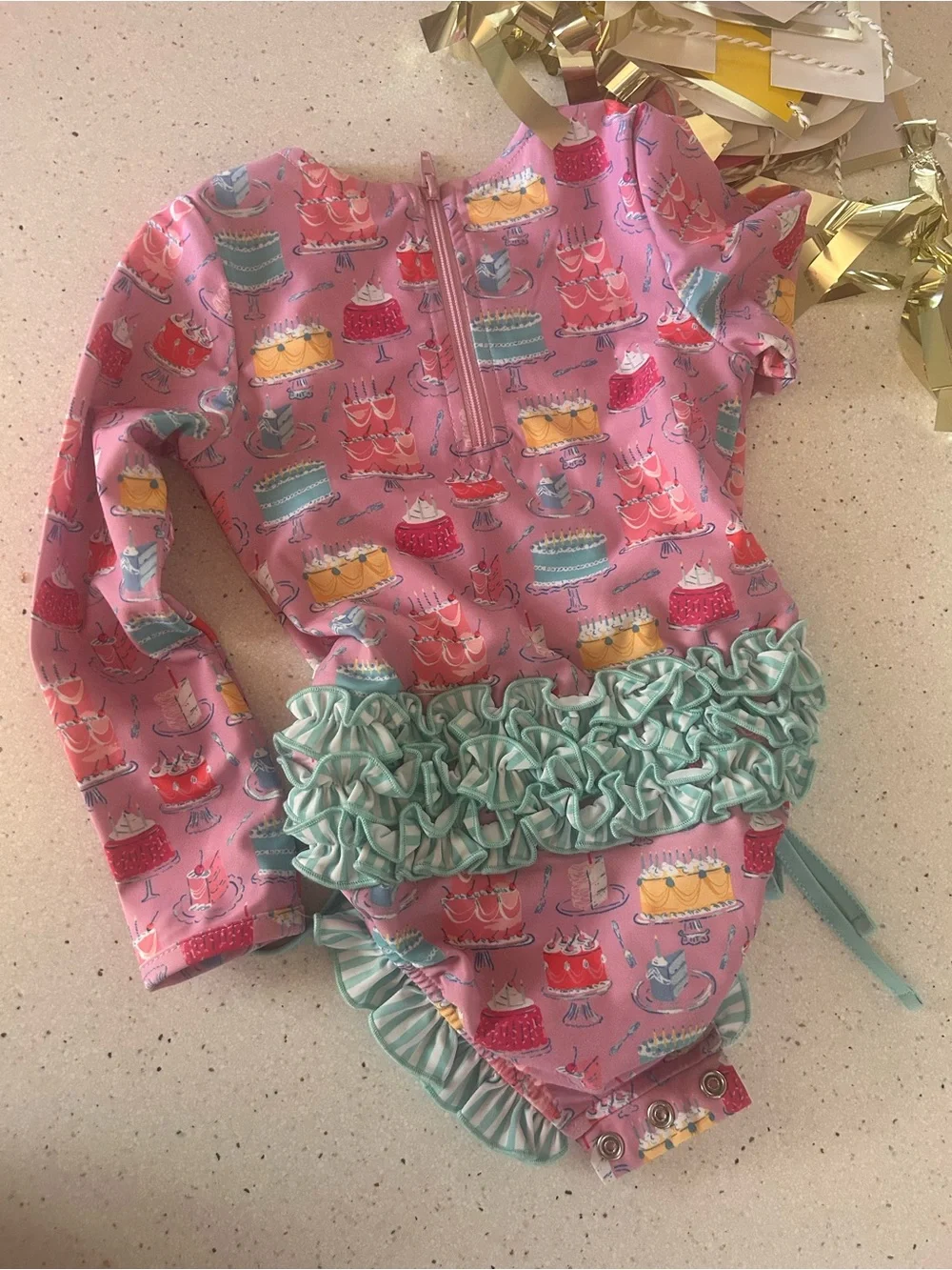Long Sleeve Pink Cake-Print Rashguard Swimsuit